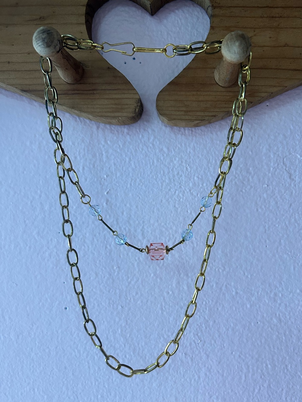 Gold Chain Necklace with Pink and Blue Crystal Accent